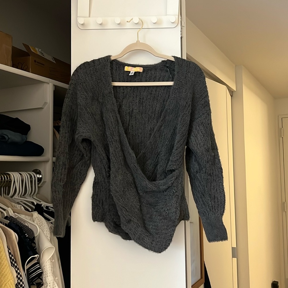 Urban Outfitters Gray Kane Wrap Fuzzy Knit Sweater